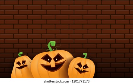 Halloween Horizontal web Banner or poster with Halloween scary pumpkins isolated on brick wall background. Funky kids Halloween background with space for text