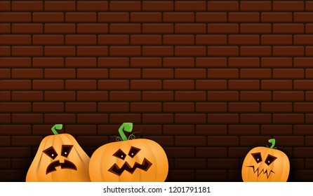 Halloween Horizontal web Banner or poster with Halloween scary pumpkins isolated on brick wall background. Funky kids Halloween background with space for text