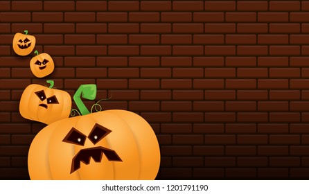 Halloween Horizontal web Banner or poster with Halloween scary pumpkins isolated on brick wall background. Funky kids Halloween background with space for text