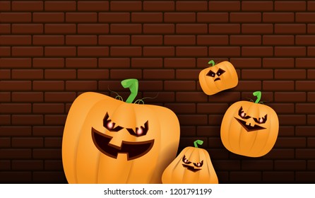 Halloween Horizontal web Banner or poster with Halloween scary pumpkins isolated on brick wall background. Funky kids Halloween background with space for text