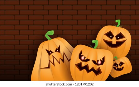 Halloween Horizontal web Banner or poster with Halloween scary pumpkins isolated on brick wall background. Funky kids Halloween background with space for text