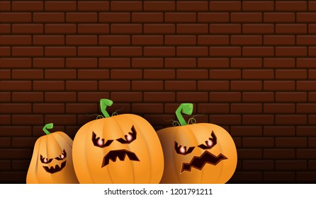 Halloween Horizontal web Banner or poster with Halloween scary pumpkins isolated on brick wall background. Funky kids Halloween background with space for text