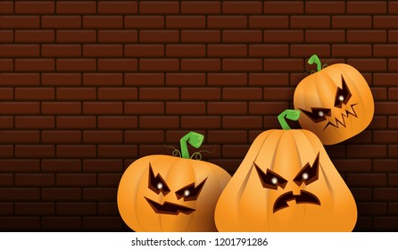 Halloween Horizontal web Banner or poster with Halloween scary pumpkins isolated on brick wall background. Funky kids Halloween background with space for text