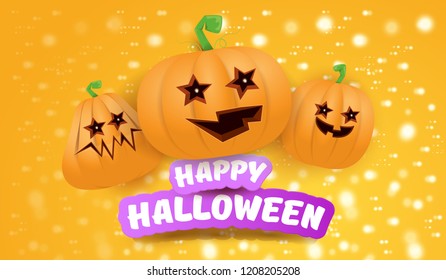 Halloween Horizontal web Banner or poster with Halloween scary pumpkins on orange background with stars and blur lights. Funky kids Halloween background with greeting text