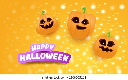 Halloween Horizontal web Banner or poster with Halloween scary pumpkins on orange background with stars and blur lights. Funky kids Halloween background with greeting text