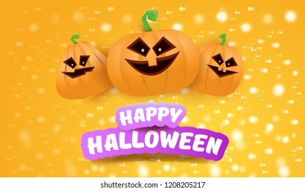 Halloween Horizontal web Banner or poster with Halloween scary pumpkins on orange background with stars and blur lights. Funky kids Halloween background with greeting text