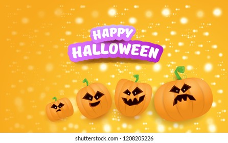 Halloween Horizontal web Banner or poster with Halloween scary pumpkins on orange background with stars and blur lights. Funky kids Halloween background with greeting text
