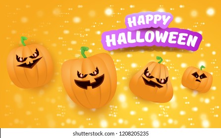 Halloween Horizontal web Banner or poster with Halloween scary pumpkins on orange background with stars and blur lights. Funky kids Halloween background with greeting text
