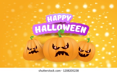 Halloween Horizontal web Banner or poster with Halloween scary pumpkins on orange background with stars and blur lights. Funky kids Halloween background with greeting text