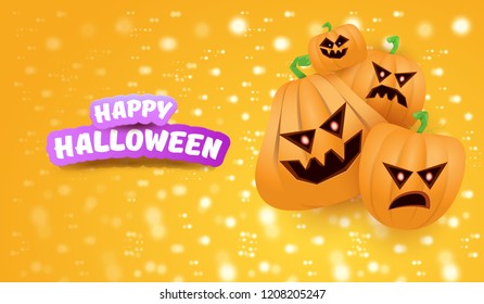 Halloween Horizontal web Banner or poster with Halloween scary pumpkins on orange background with stars and blur lights. Funky kids Halloween background with greeting text
