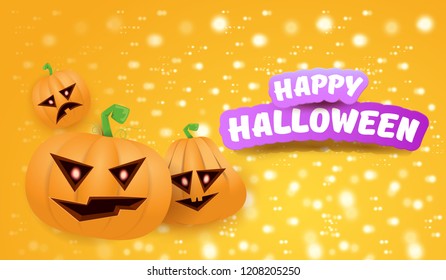 Halloween Horizontal web Banner or poster with Halloween scary pumpkins on orange background with stars and blur lights. Funky kids Halloween background with greeting text