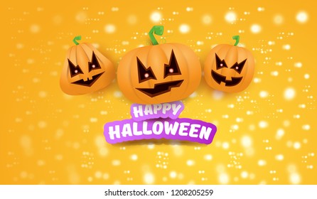 Halloween Horizontal web Banner or poster with Halloween scary pumpkins on orange background with stars and blur lights. Funky kids Halloween background with greeting text