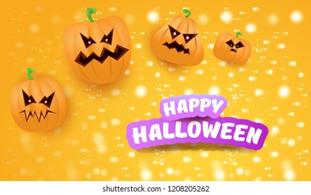 Halloween Horizontal web Banner or poster with Halloween scary pumpkins on orange background with stars and blur lights. Funky kids Halloween background with greeting text