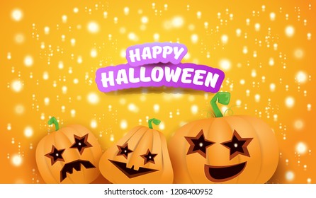Halloween Horizontal web Banner or poster with Halloween scary pumpkins on orange background with stars and blur lights. Funky kids Halloween background with greeting text