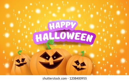 Halloween Horizontal web Banner or poster with Halloween scary pumpkins on orange background with stars and blur lights. Funky kids Halloween background with greeting text