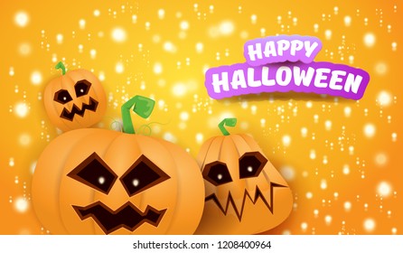 Halloween Horizontal web Banner or poster with Halloween scary pumpkins on orange background with stars and blur lights. Funky kids Halloween background with greeting text