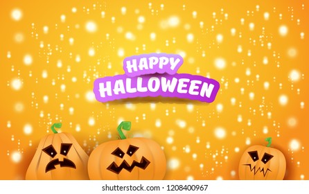 Halloween Horizontal web Banner or poster with Halloween scary pumpkins on orange background with stars and blur lights. Funky kids Halloween background with greeting text