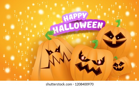 Halloween Horizontal web Banner or poster with Halloween scary pumpkins on orange background with stars and blur lights. Funky kids Halloween background with greeting text