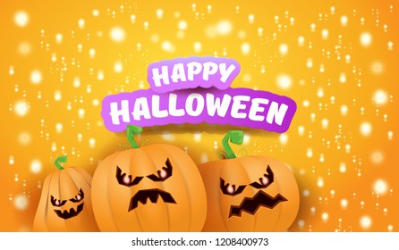 Halloween Horizontal web Banner or poster with Halloween scary pumpkins on orange background with stars and blur lights. Funky kids Halloween background with greeting text
