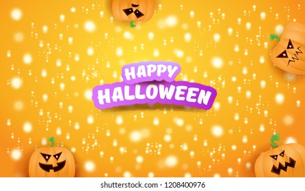 Halloween Horizontal web Banner or poster with Halloween scary pumpkins on orange background with stars and blur lights. Funky kids Halloween background with greeting text