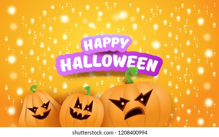 Halloween Horizontal web Banner or poster with Halloween scary pumpkins on orange background with stars and blur lights. Funky kids Halloween background with greeting text