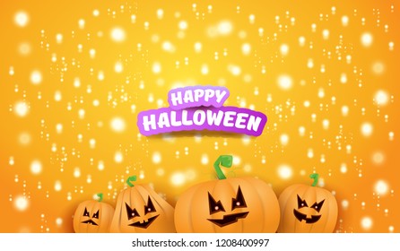 Halloween Horizontal web Banner or poster with Halloween scary pumpkins on orange background with stars and blur lights. Funky kids Halloween background with greeting text