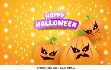 Halloween Horizontal web Banner or poster with Halloween scary pumpkins on orange background with stars and blur lights. Funky kids Halloween background with greeting text