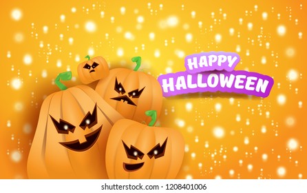 Halloween Horizontal web Banner or poster with Halloween scary pumpkins on orange background with stars and blur lights. Funky kids Halloween background with greeting text