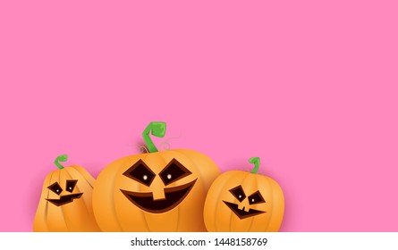 Halloween Horizontal web Banner or poster with Halloween scary pumpkins isolated on pink wall background. Funky kids Halloween background with space for text