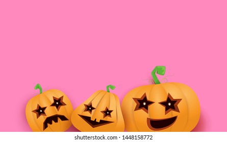 Halloween Horizontal web Banner or poster with Halloween scary pumpkins isolated on pink wall background. Funky kids Halloween background with space for text
