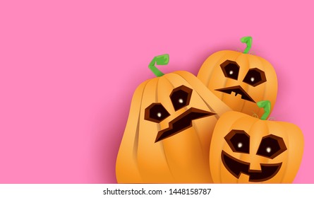 Halloween Horizontal web Banner or poster with Halloween scary pumpkins isolated on pink wall background. Funky kids Halloween background with space for text