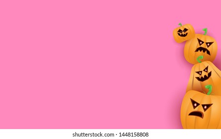 Halloween Horizontal web Banner or poster with Halloween scary pumpkins isolated on pink wall background. Funky kids Halloween background with space for text
