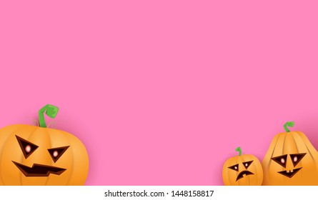 Halloween Horizontal web Banner or poster with Halloween scary pumpkins isolated on pink wall background. Funky kids Halloween background with space for text
