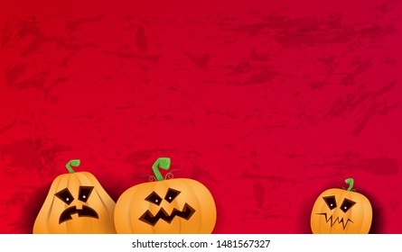 Halloween Horizontal web Banner or poster with Halloween scary pumpkins isolated on grunge red wall background. Funky kids Halloween background with space for text and funny pumpkins
