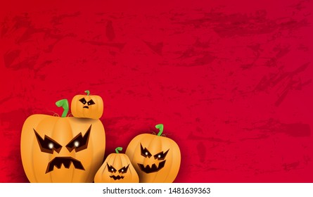 Halloween Horizontal web Banner or poster with Halloween scary pumpkins isolated on grunge red wall background. Funky kids Halloween background with space for text and funny pumpkins