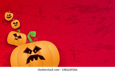 Halloween Horizontal web Banner or poster with Halloween scary pumpkins isolated on grunge red wall background. Funky kids Halloween background with space for text and funny pumpkins