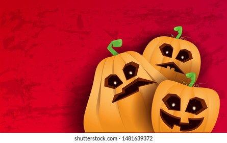 Halloween Horizontal web Banner or poster with Halloween scary pumpkins isolated on grunge red wall background. Funky kids Halloween background with space for text and funny pumpkins