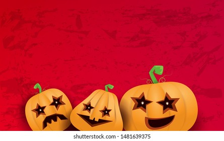 Halloween Horizontal web Banner or poster with Halloween scary pumpkins isolated on grunge red wall background. Funky kids Halloween background with space for text and funny pumpkins