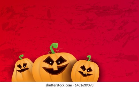 Halloween Horizontal web Banner or poster with Halloween scary pumpkins isolated on grunge red wall background. Funky kids Halloween background with space for text and funny pumpkins