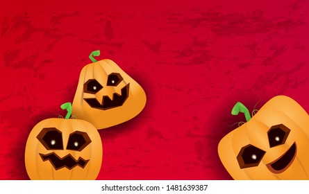 Halloween Horizontal web Banner or poster with Halloween scary pumpkins isolated on grunge red wall background. Funky kids Halloween background with space for text and funny pumpkins
