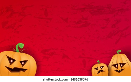 Halloween Horizontal web Banner or poster with Halloween scary pumpkins isolated on grunge red wall background. Funky kids Halloween background with space for text and funny pumpkins