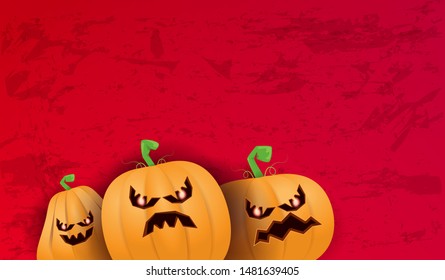 Halloween Horizontal web Banner or poster with Halloween scary pumpkins isolated on grunge red wall background. Funky kids Halloween background with space for text and funny pumpkins