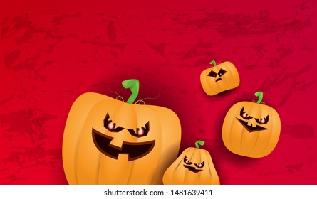 Halloween Horizontal web Banner or poster with Halloween scary pumpkins isolated on grunge red wall background. Funky kids Halloween background with space for text and funny pumpkins