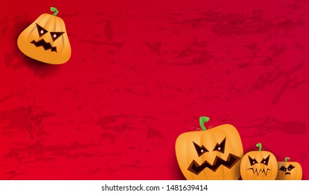 Halloween Horizontal web Banner or poster with Halloween scary pumpkins isolated on grunge red wall background. Funky kids Halloween background with space for text and funny pumpkins