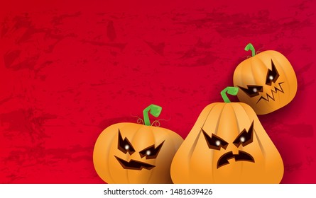 Halloween Horizontal web Banner or poster with Halloween scary pumpkins isolated on grunge red wall background. Funky kids Halloween background with space for text and funny pumpkins
