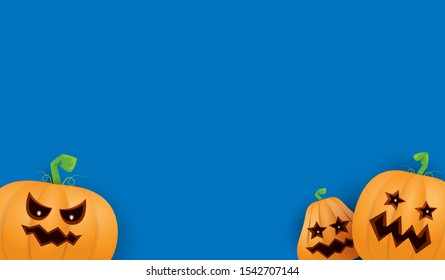 Halloween Horizontal web Banner or poster with Halloween scary pumpkins isolated on blue wall background. Funky kids Halloween background with space for text