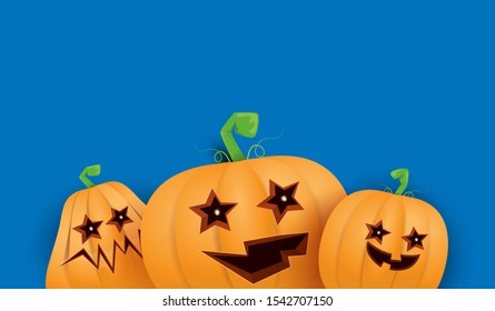 Halloween Horizontal web Banner or poster with Halloween scary pumpkins isolated on blue wall background. Funky kids Halloween background with space for text
