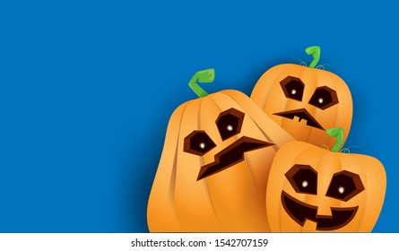 Halloween Horizontal web Banner or poster with Halloween scary pumpkins isolated on blue wall background. Funky kids Halloween background with space for text