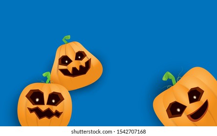 Halloween Horizontal web Banner or poster with Halloween scary pumpkins isolated on blue wall background. Funky kids Halloween background with space for text