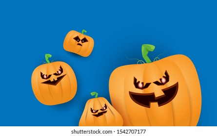 Halloween Horizontal web Banner or poster with Halloween scary pumpkins isolated on blue wall background. Funky kids Halloween background with space for text